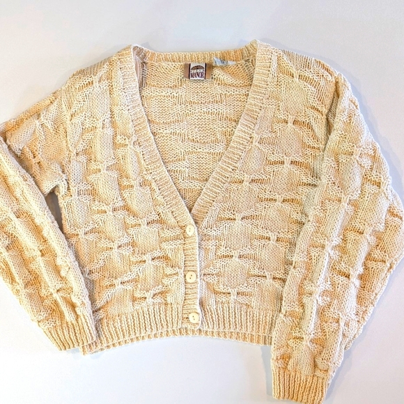 VTG Field Manor cotton/ramie neutral, chunky knit cropped cardigan. Large - Picture 1 of 16